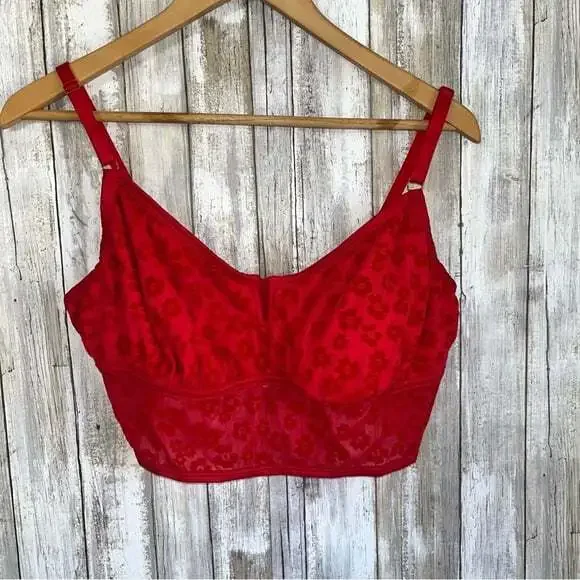Victoria’s Secret PINK Red Floral Flocked Mesh Bralette - Picture 2 of 8